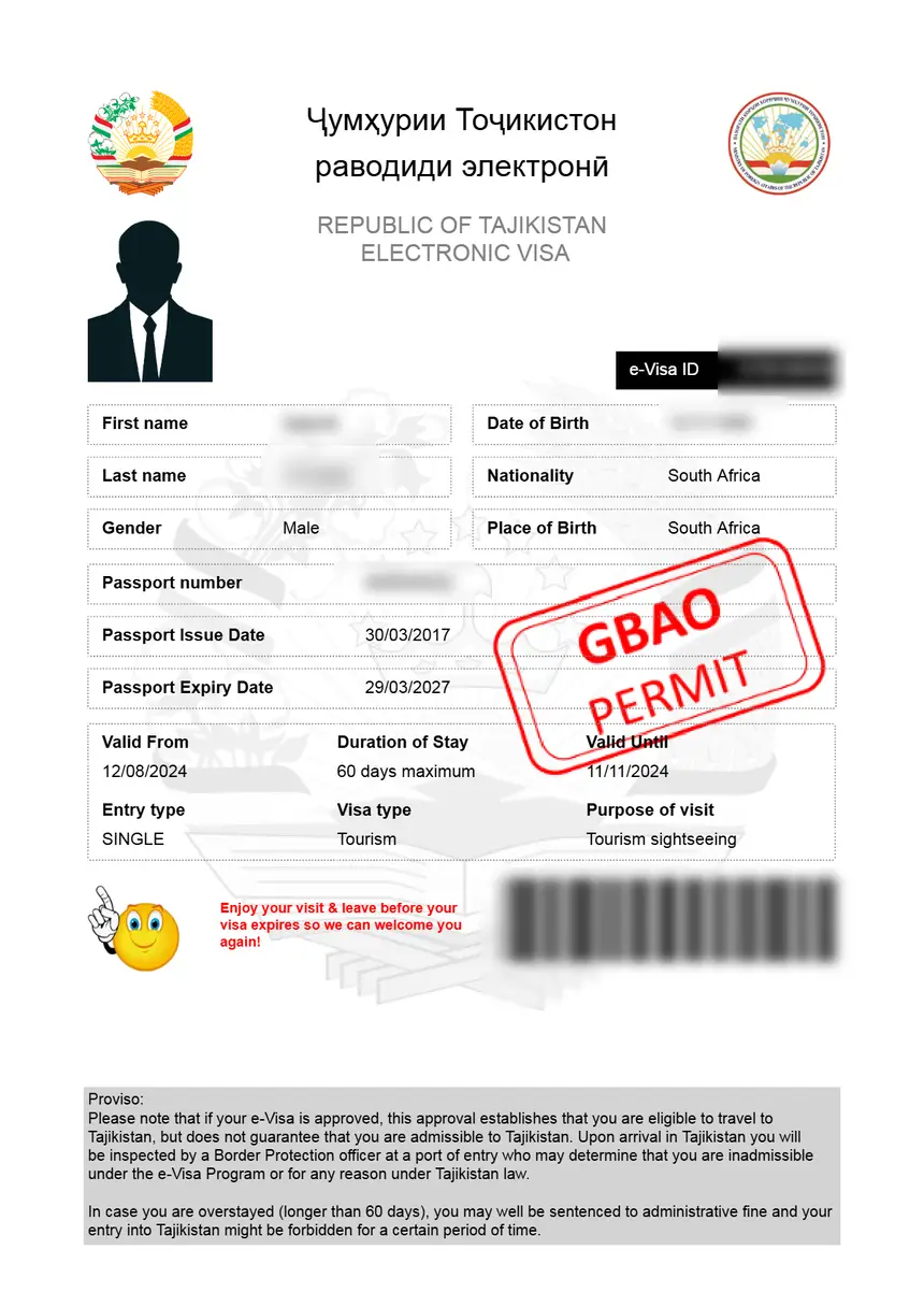 tadjikistan eVisa sample document